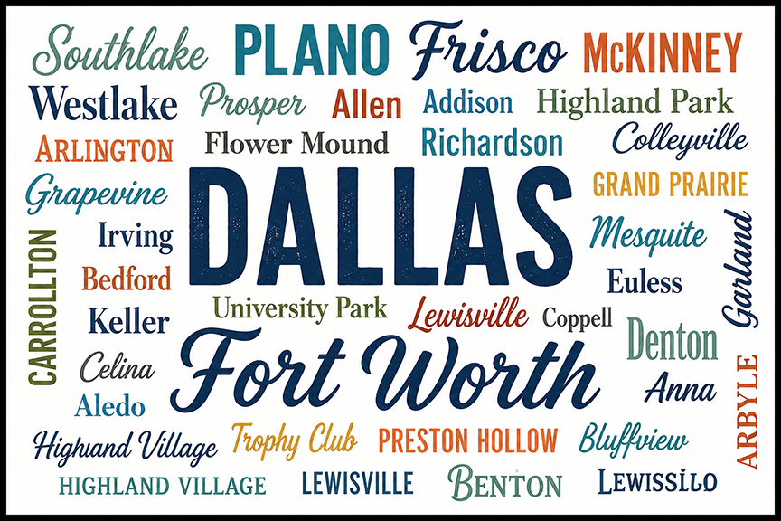 Custom Outdoor Cushions For the following North Texas Communities. Addison Aledo Allen Anna Arbyle Arlington Bedford Bluffview Carrollton Celina Colleyville Coppell Dallas Denton Euless Flower Mound Fort Worth Frisco Garland Grand Prairie Highland Park Highland Village Irving Keller Lewisville McKinney Mesquite Plano Preston Hollow Prosper Richardson Southlake Trophy Club University Park Westlake